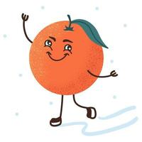 Cute cartoon character tangerine ice skating in winter. vector