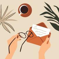 The woman opens the postal card at the table with a cup of coffee. vector