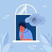 mujer en depresión se sienta junto a la ventana. trastorno mental en la niña vector