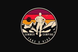 Summer camping take hike, silhouette retro style vector