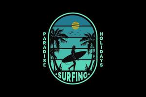 Surfing paradise holidays, design silhouette retro style vector