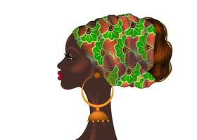 Afro hairstyle, beautiful portrait African woman in wax fabric turban vector