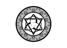 triquetra con logotipo de triángulo y círculo, tatuaje de nudo de trinidad, símbolo celta pagano triple diosa. Signo de marco wicca, libro de sombras, adivinación wicca de borde vectorial aislado sobre fondo blanco. vector