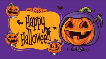 Cartoon cute pumpkins with different funny faces on halloween signage vector