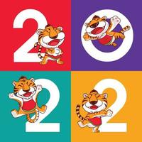 Chinese New Year 2022 with cartoon tigers on colourful background vector