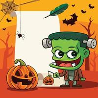 Cartoon cute green monster holding pumpkin lantern with laughing pumpkin on empty vintage scroll and feather pen. Creepy Halloween background vector