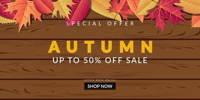 Diseño de fondo de venta de otoño decorado con tablón de madera. vector