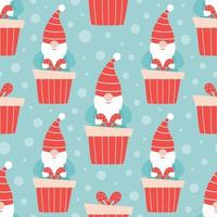 Seamless Christmas pattern with cute gnome and gifts. Christmas gifts vector