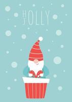 Cute gnome wrapping gift box.Holly Holly.Christmas card. vector