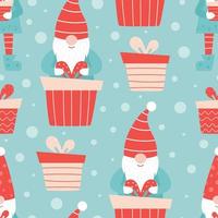 Seamless Christmas pattern with cute gnomes and gifts. Christmas gifts vector