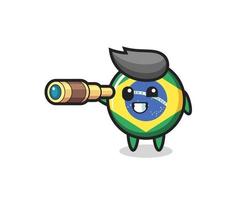 cute brazil flag badge character is holding an old telescope vector