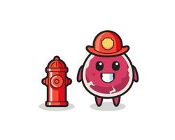 Personaje de mascota de carne de res como bombero. vector