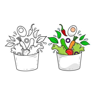 Flat line healthy salad on white background with outline shapes.