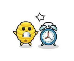 Cartoon Illustration of bee hive is surprised with a giant alarm clock vector