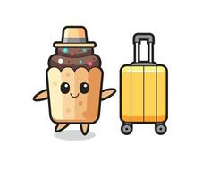 cupcake cartoon illustration with luggage on vacation vector