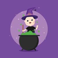 Kawaii personaje de halloween en la ilustración de caldero vector