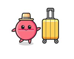 medicine tablet cartoon illustration with luggage on vacation vector