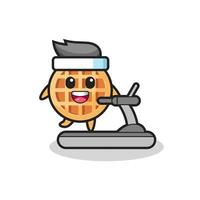 circle waffle cartoon character walking on the treadmill vector