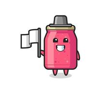 Cartoon character of strawberry jam holding a flag vector