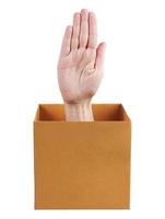 Human hand protruding from a box photo