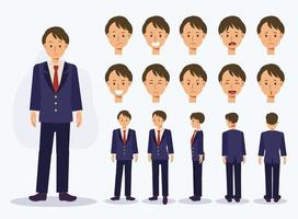 Japanese student boy in uniform with various views, Cartoon style. vector