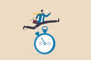 Sense of urgency, quick response attitude to get work done as soon as possible now, reaction to priority task or important concept, fast businessman running and jump high over countdown timer clock. vector