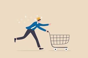 Customer is king, client want is most important, user experience or customer centric marketing strategy concept, happy man customer wearing king crown running with shopping cart ready to buy product. vector