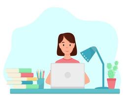 Girl at the table working on laptop vector flat illustration