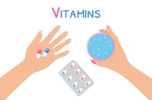 tomando pastillas de vitaminas. manos de mujer sosteniendo cápsulas y agua vector