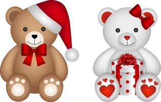 christmas male and female teddy bears with santa hat and gift box vector