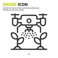 vector de icono de drone y planta con estilo de contorno aislado sobre fondo blanco. ilustración vectorial concepto de icono de símbolo de signo de riego para agricultura digital, negocios, agricultura, aplicaciones y todos los proyectos