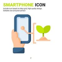 Smartphone and plant icon vector with flat color style isolated on white background. Vector illustration handphone sign symbol icon concept for digital farming, logo, agriculture, apps and project
