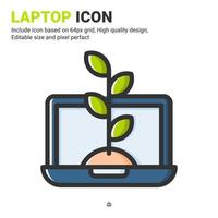 Laptop and plant icon vector with outline color style isolated on white background. Vector illustration computer sign symbol icon concept for digital farming, industry, agriculture, apps and project