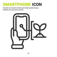 Smartphone and plant icon vector with outline style isolated on white background. Vector illustration handphone sign symbol icon concept for digital farming, logo, agriculture, apps and all project