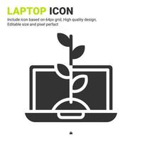 vector de icono de computadora portátil y planta con estilo de glifo aislado sobre fondo blanco. ilustración vectorial concepto de icono de símbolo de signo de computadora para la agricultura digital, la industria, la agricultura, las aplicaciones y todos los proyectos