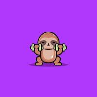 Cute sloth lifting dumbbell cartoon vector