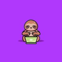 Cute sloth operating laptop cartoon illustration vector