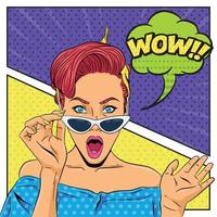 Pop art retro woman with sunglasses on a comic page vector