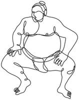 Luchador de sumo o postura de lucha rikishi vista frontal dibujo de línea continua vector