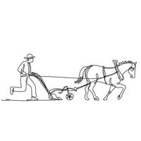 Organic Farmer and Horse Plowing Field Side View  Continuous Line Drawing vector