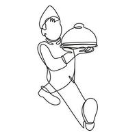 Waiter or Food Server Serving a Food Platter Front View Continuous Line Drawing vector