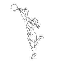 jugador de netball rebotando y atrapando la pelota dibujo de línea continua vector