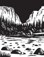 Wpa monocromo arte el capitán en el parque nacional de Yosemite en California, EE. UU. escala de grises en blanco y negro vector