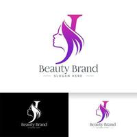 Letter J beauty logo design. Woman face silhouette vector