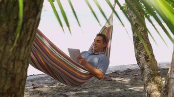 uomo seduto in amaca utilizzando il computer portatile, costa rica. girato in rosso epico per una risoluzione 4k, uhd, ultra hd di alta qualità. video