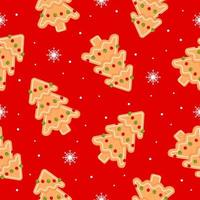 Seamless pattern with Christmas tree and snowflake. Gingerbread cookies on red background. Christmas icon flat vector illustration