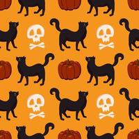 Seamless pumpkin pattern, black cat and skull. Halloween decoration vector