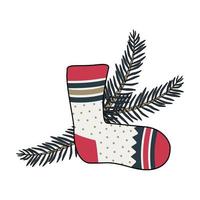 New Year sock with patterns and a Christmas tree branch vector