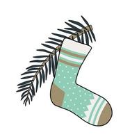 New Year sock with patterns and a Christmas tree branch vector