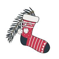 New Year sock with patterns and a Christmas tree branch vector